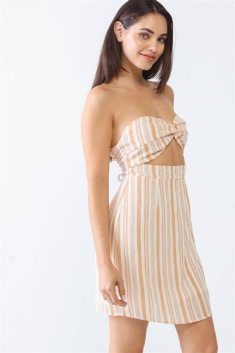 White & Apricot Stripe Print Strapless Twist Cut-out Smocked Back Mini Dress - Island Beauty and Bath